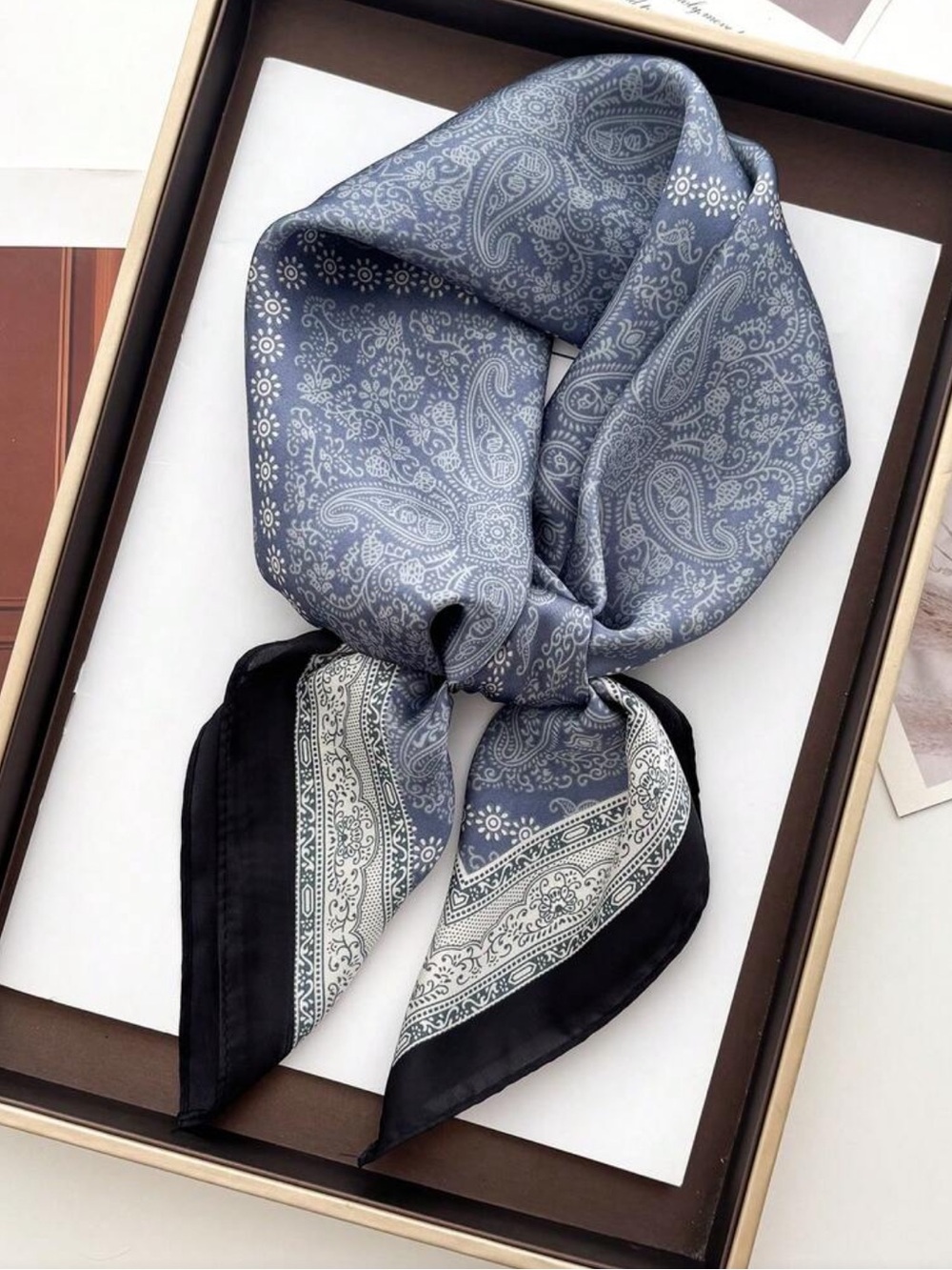 Paisley Dusty Blue & White, Black Trim Scarf
